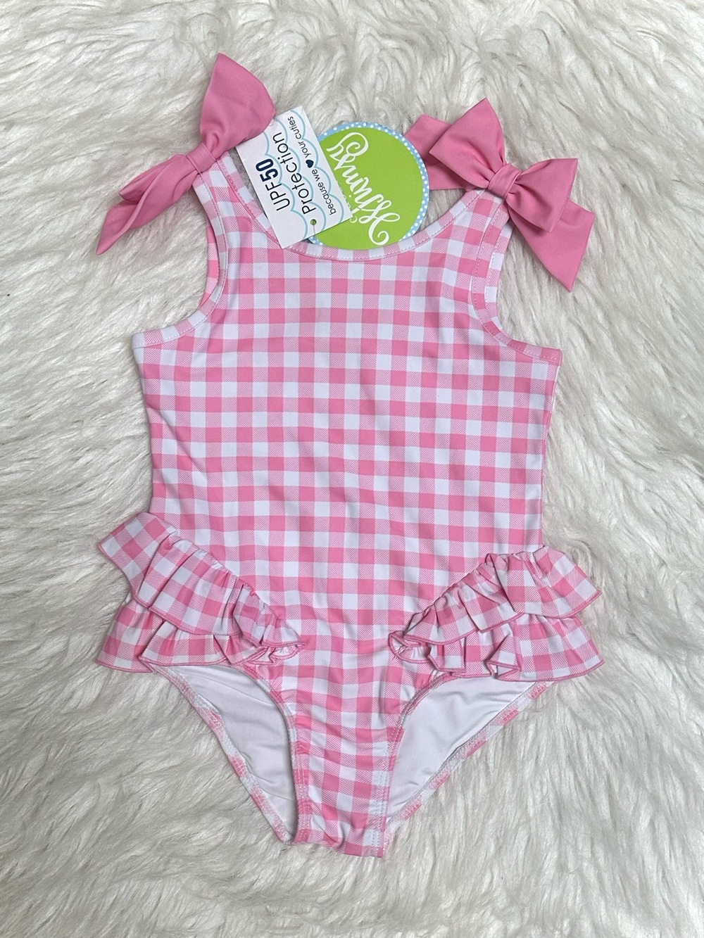 Sunblock Pink Gingham Ruffle One-Piece Swimsuit with Bows
